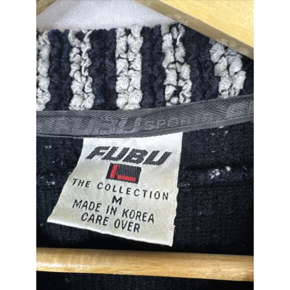 FUBU The Collection Terry Knit Sweater V-Neck Black White Mens M Korea 90s - Picture 4 of 6